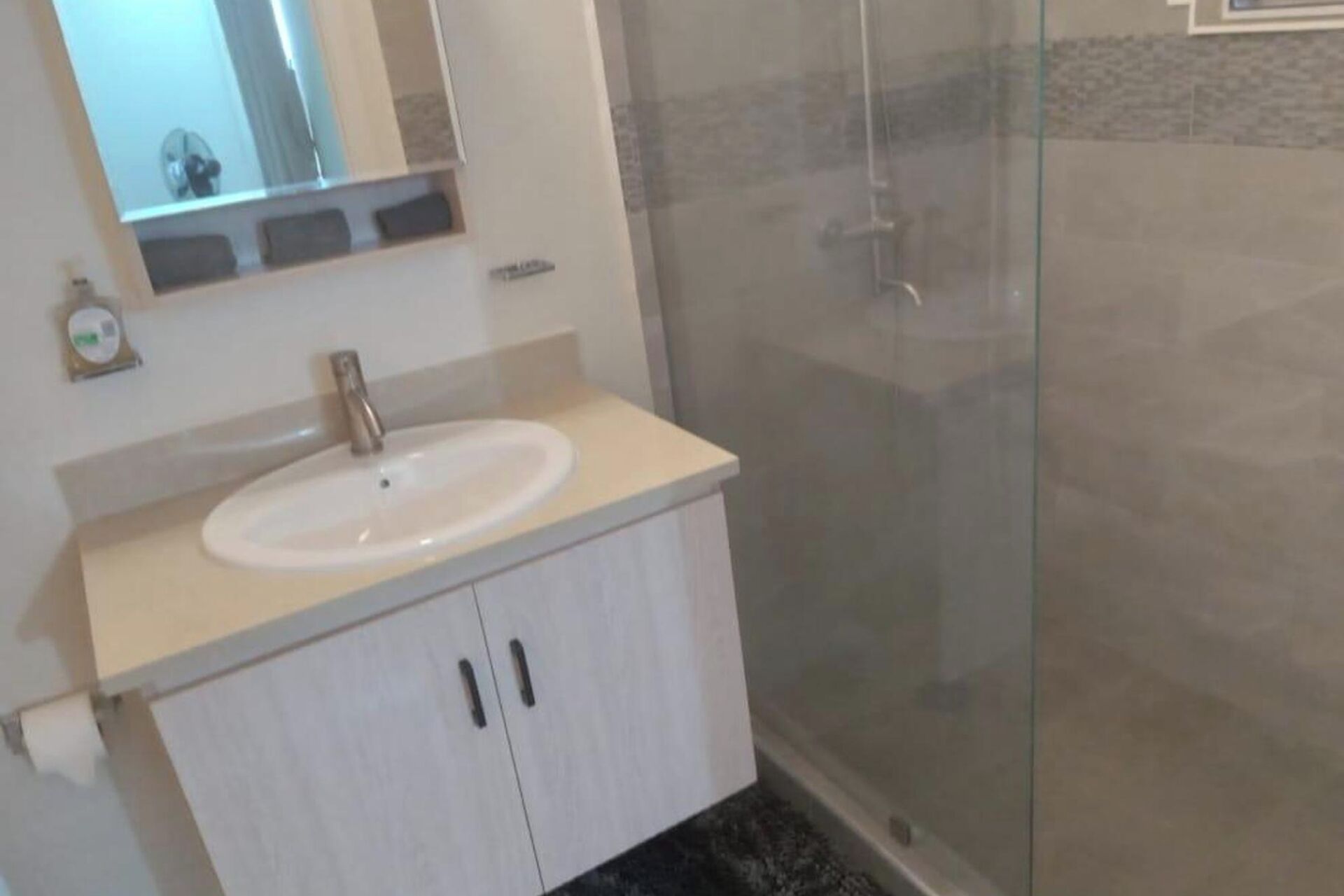 Chuveiro, toalhas de banho, papel higiênico 