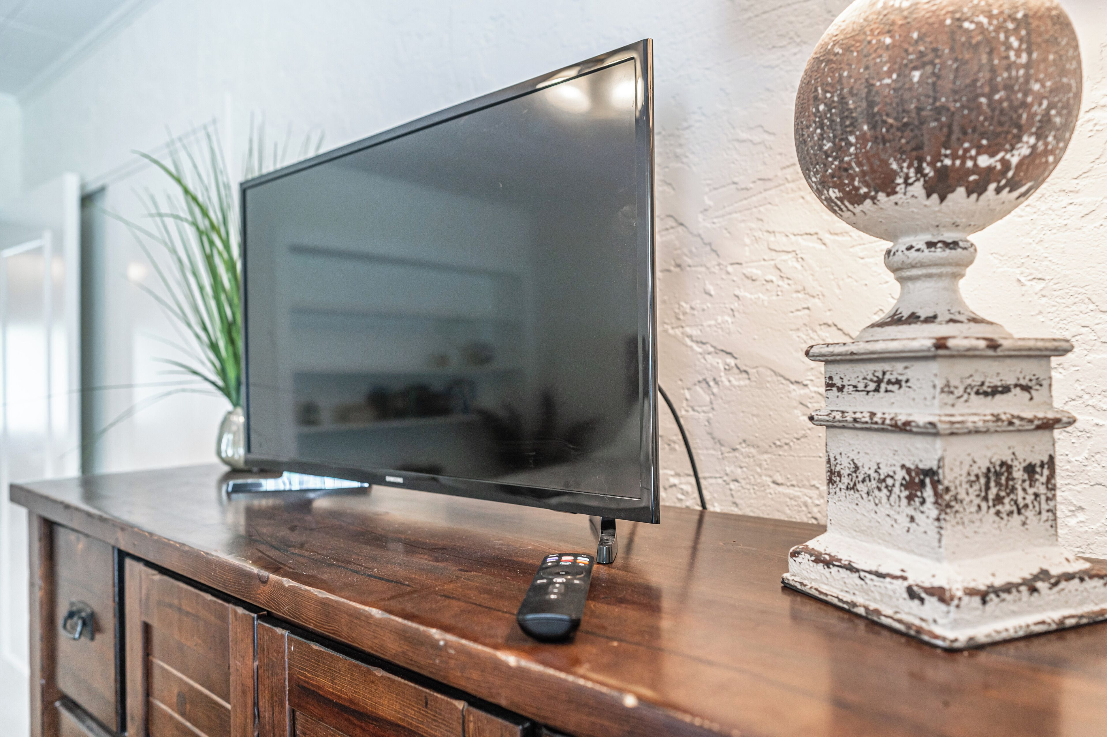 A flat-screen TV on a wooden cabinet with a remote control, a decorative white and brown object, and a plant in the background.