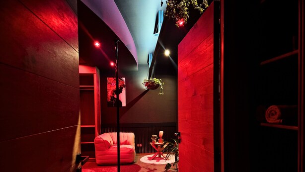 A modern interior with a red accent wall, a pink sofa, and a small round table with a plant. - AKA LOVE ROOM (Lavaur)