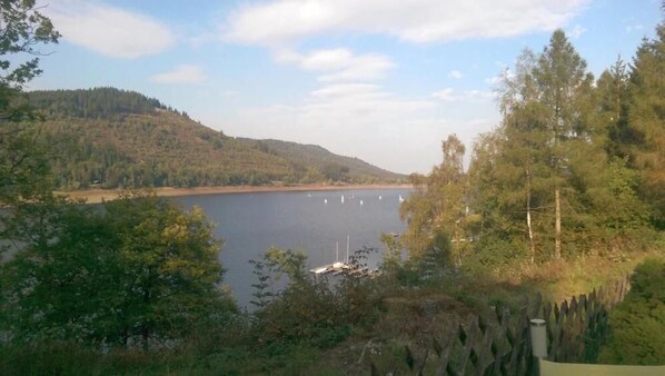 A lake surrounded by hills and trees. - Hotel Berghof am See (Langelsheim)