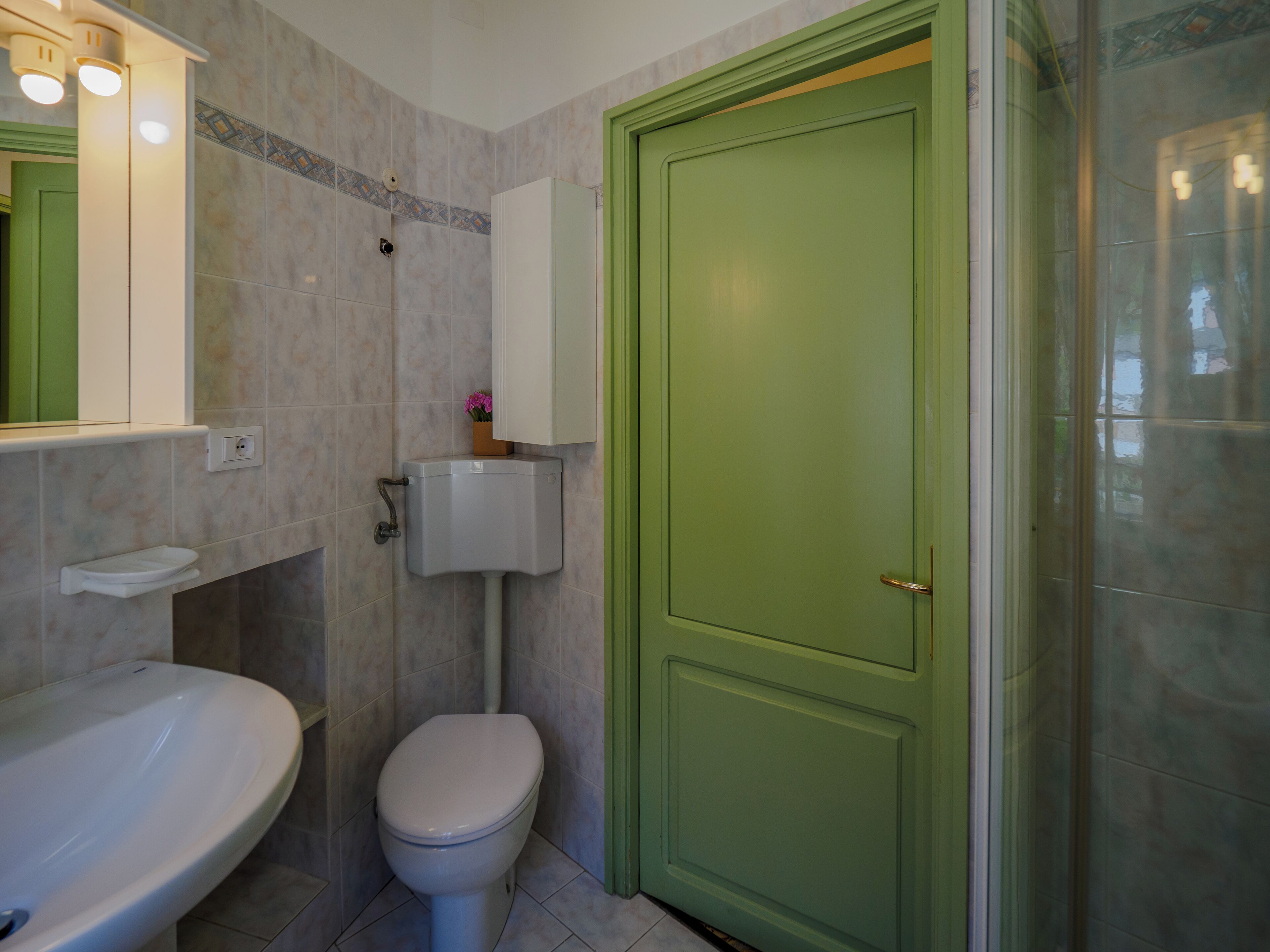 A bathroom with a toilet, sink, and a green door.