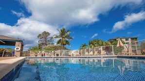 Piscina com céu azul límpido, palmeiras e área cercada com espreguiçadeiras.