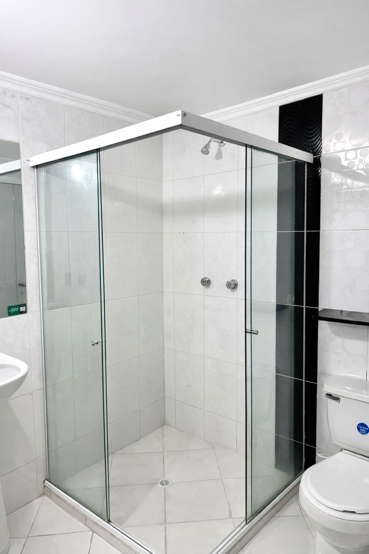 A corner shower with glass doors, a white toilet, and a sink.