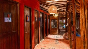 Un couloir avec des portes en bois, une moquette à motifs et un luminaire suspendu.