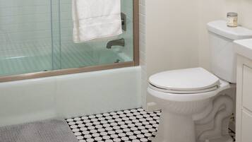 Hair dryer, towels, soap, shampoo