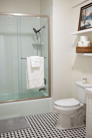 Hair dryer, towels, soap, shampoo