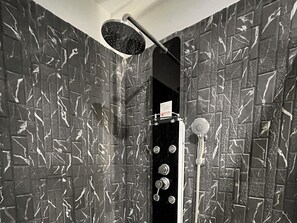 Shower, hair dryer, towels, toilet paper