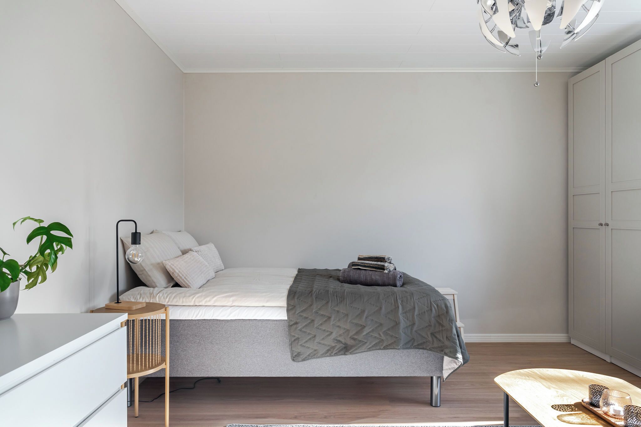 A minimalist bedroom with a bed, bedside table, lamp, and a potted plant.