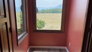 A room with a large window, wooden flooring, and red walls.