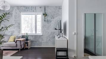 Deluxe-huoneisto, näköala pihalle | 1 makuuhuone, ylelliset vuodevaatteet, pimennysverhot