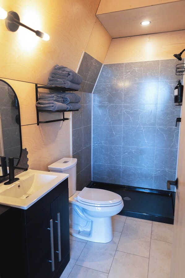 A modern bathroom with a white sink, a toilet, and a shower area. - Summit A-Frame (Two Harbors)