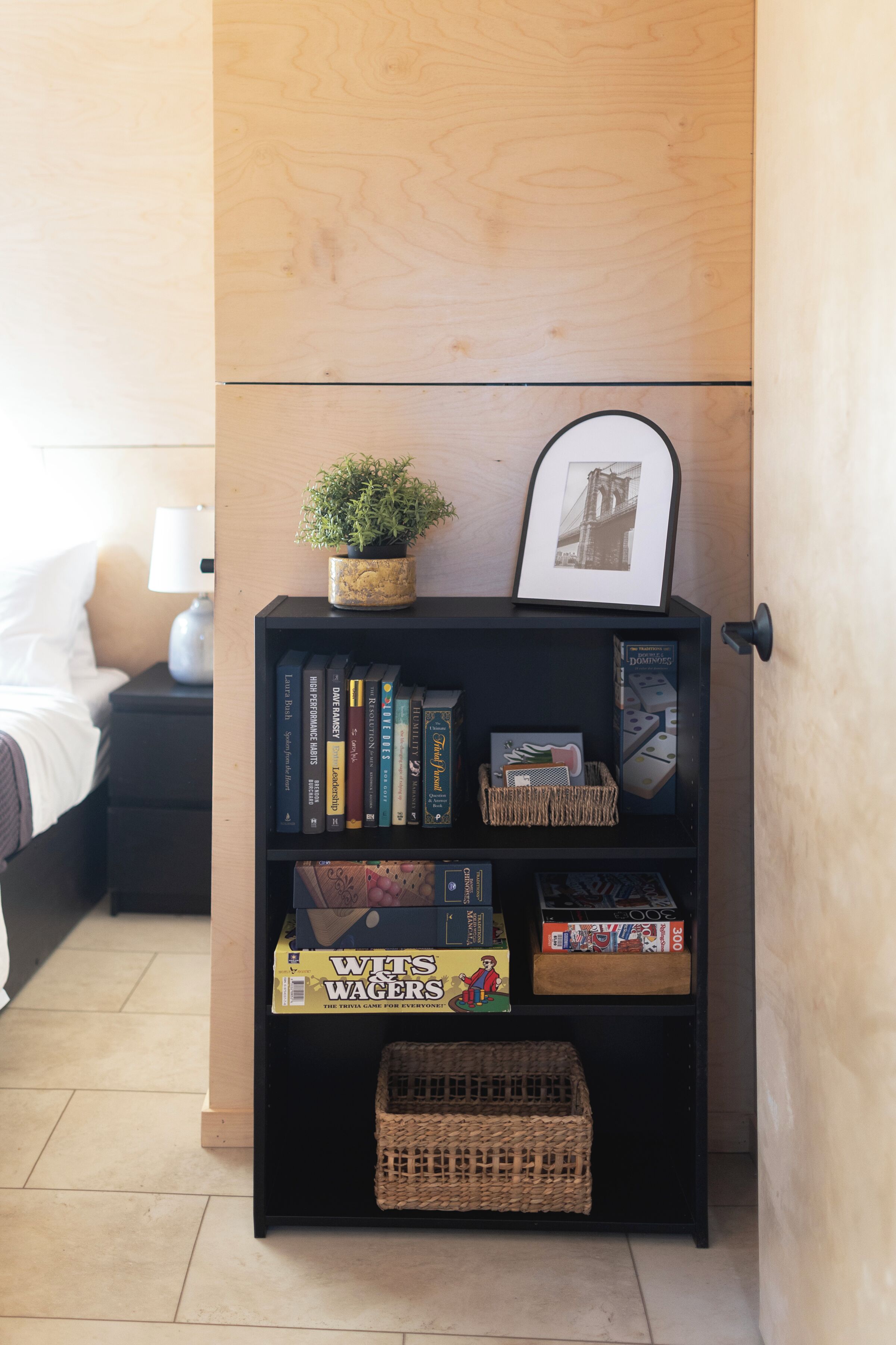 Une bibliothèque remplie de livres, un tableau encadré et une petite plante.