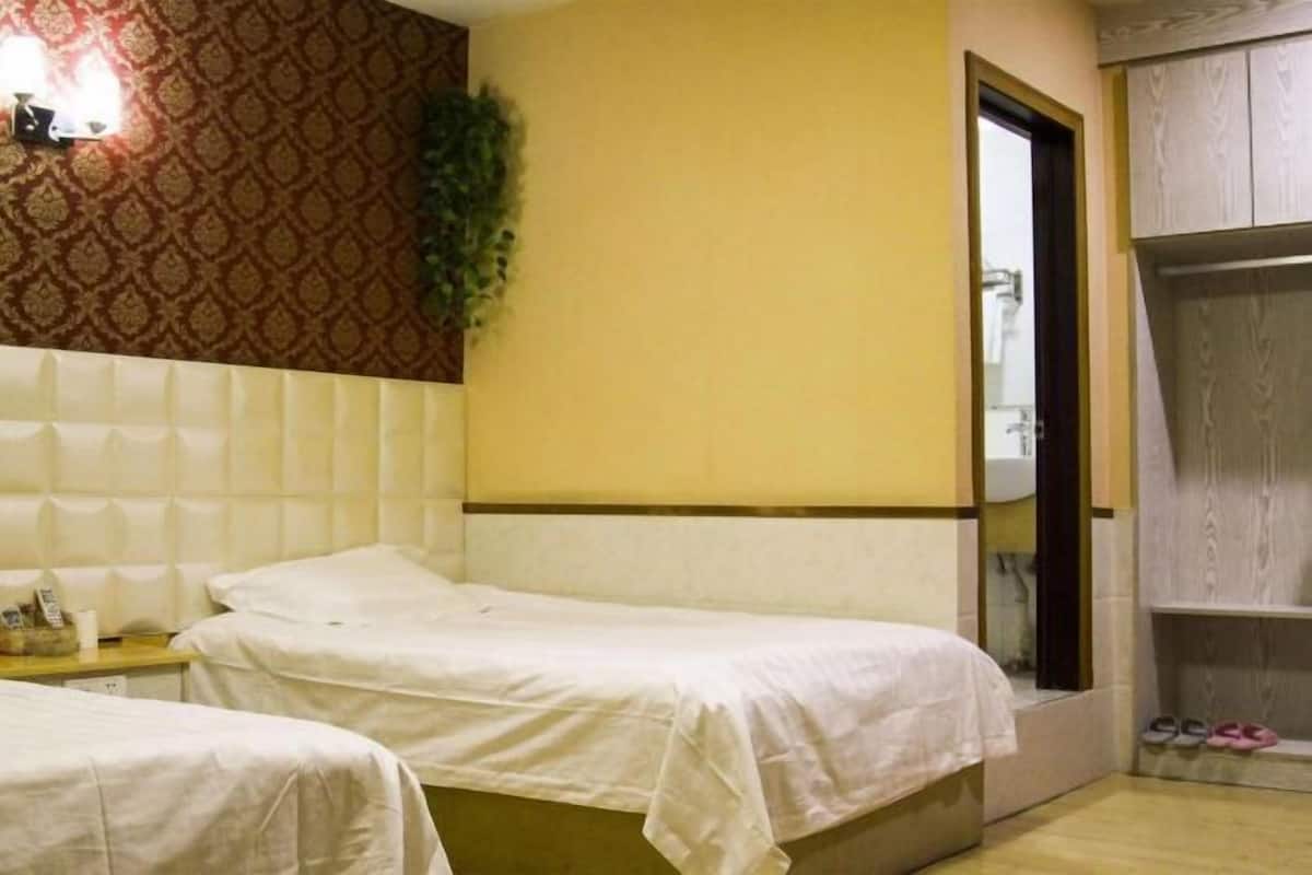Une chambre d’hôtel avec deux lits, un miroir, une armoire et une petite plante.