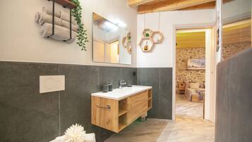 Shower, hair dryer, bidet, towels