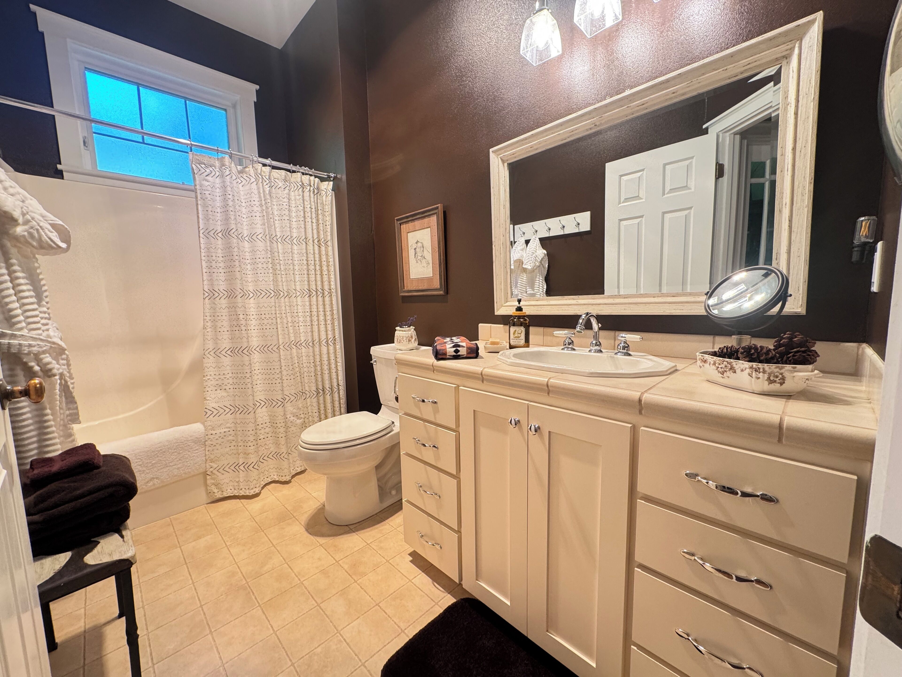 Hair dryer, towels, soap, shampoo