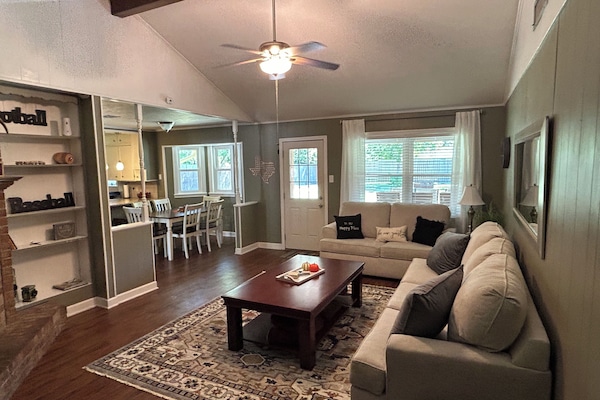 Smart TV, fireplace, books