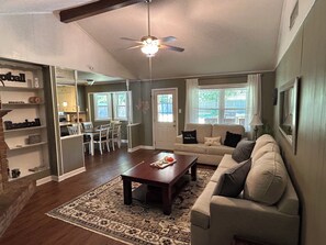 Smart TV, fireplace, books