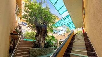 Un escalier avec un arbre au centre, entouré d’immeubles.