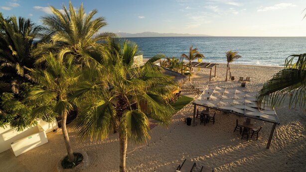 A beachside resort with palm trees, a shaded seating area, and a view of the ocean. - La Ventana Beach Resort (La Ventana)