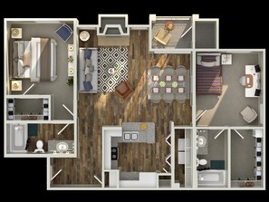 A 2-bedroom apartment with a living room, dining area, kitchen, and separate bedrooms.