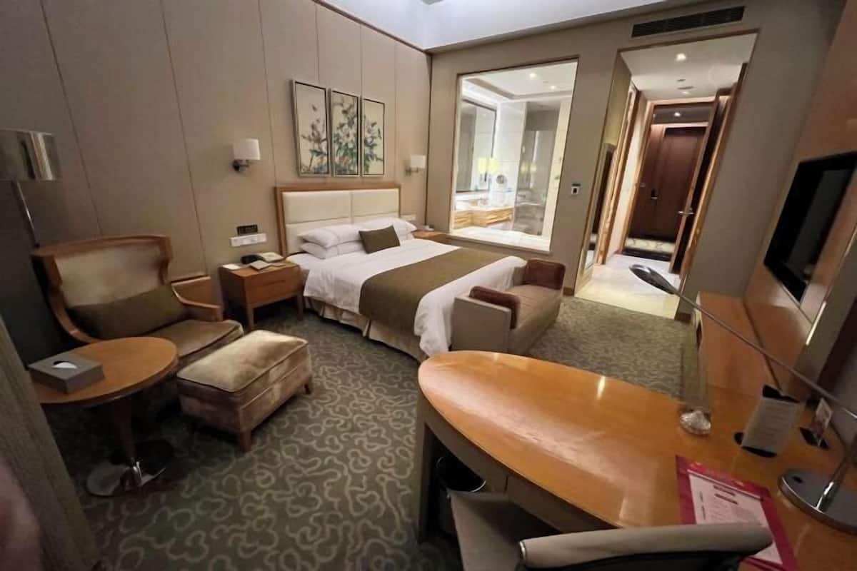 A hotel room with a bed, a sofa, a desk, and a TV.