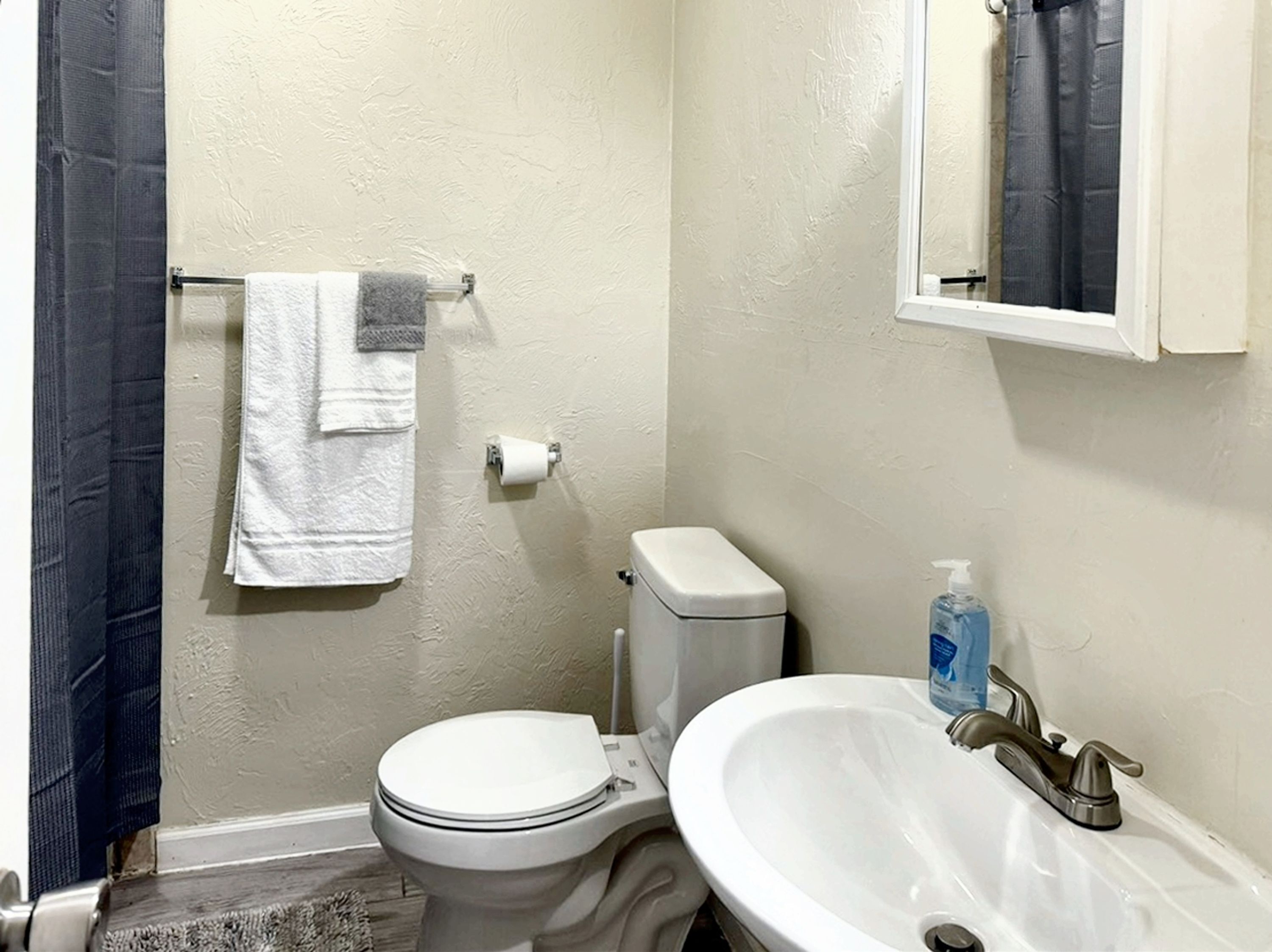 Een badkamer met toilet, wastafel en handdoekhouder.
