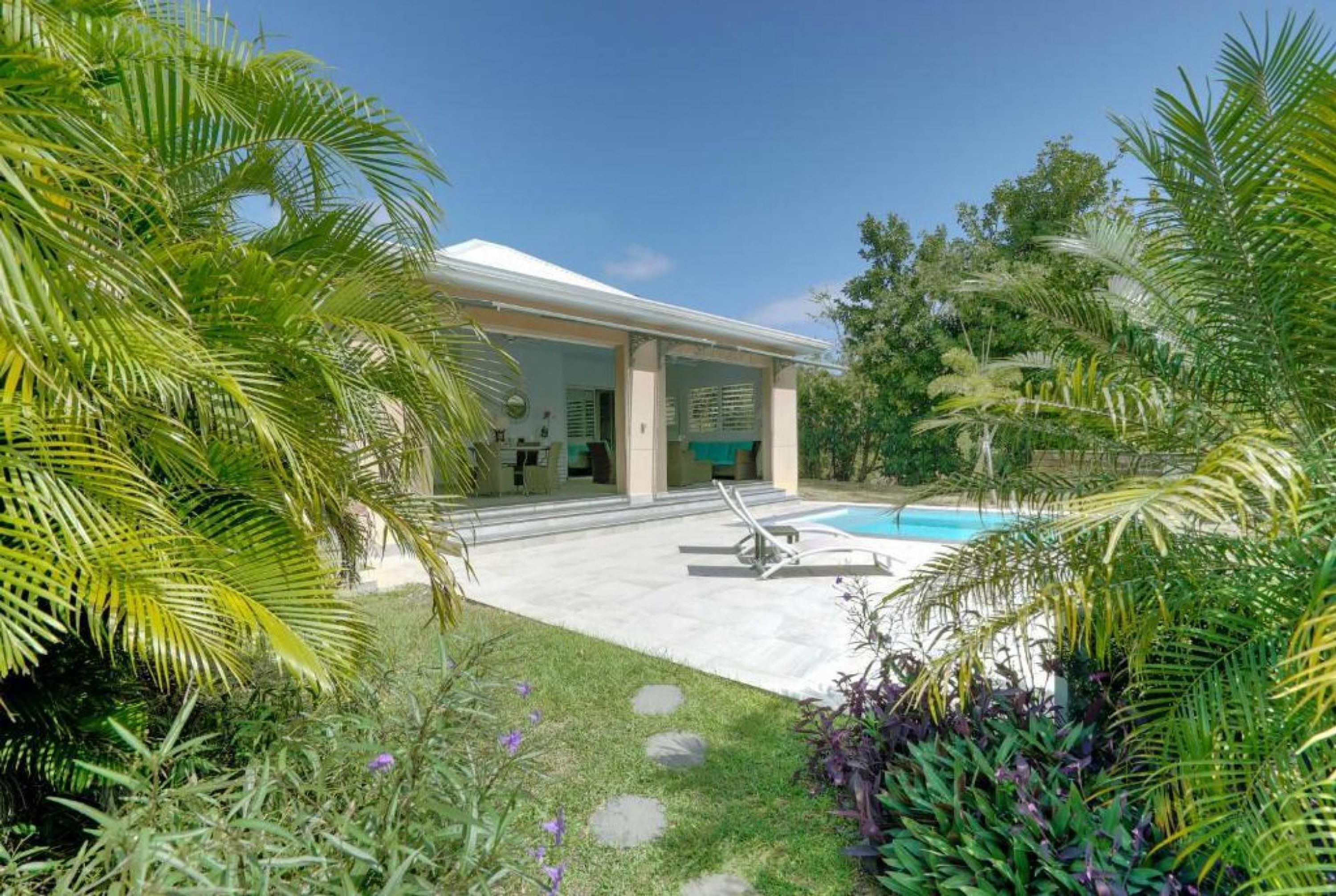 Una casa moderna con piscina, rodeada de exuberante vegetación y palmeras.