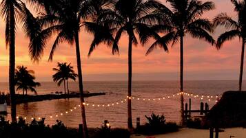 A beach scene with palm trees, a string of lights, and a wooden structure.