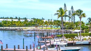 Un port de plaisance avec des bateaux amarrés, une piscine privée et des palmiers.