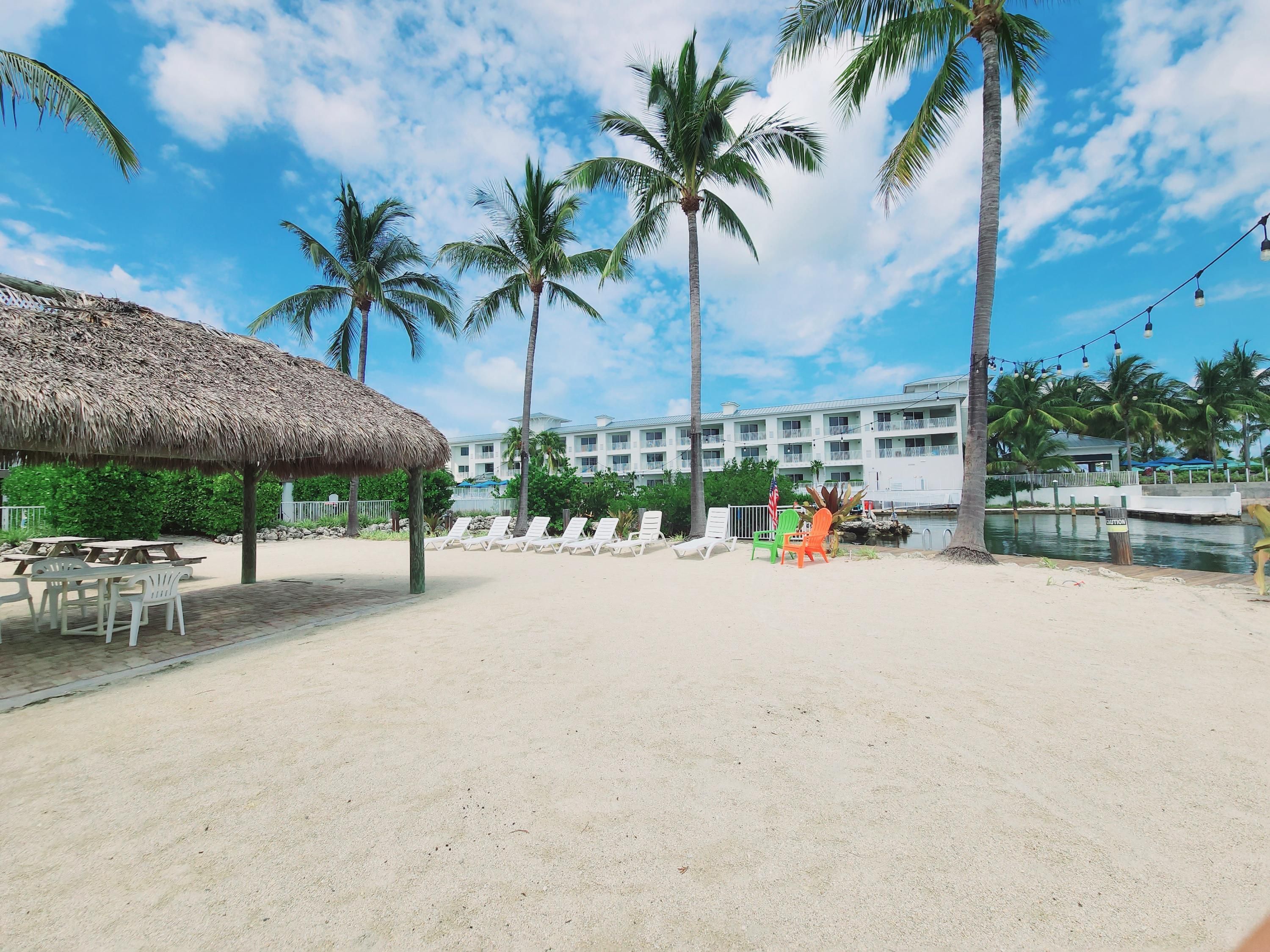 A beach area with lounge chairs, a thatched-roof structure, palm trees, and a hotel building in the background.