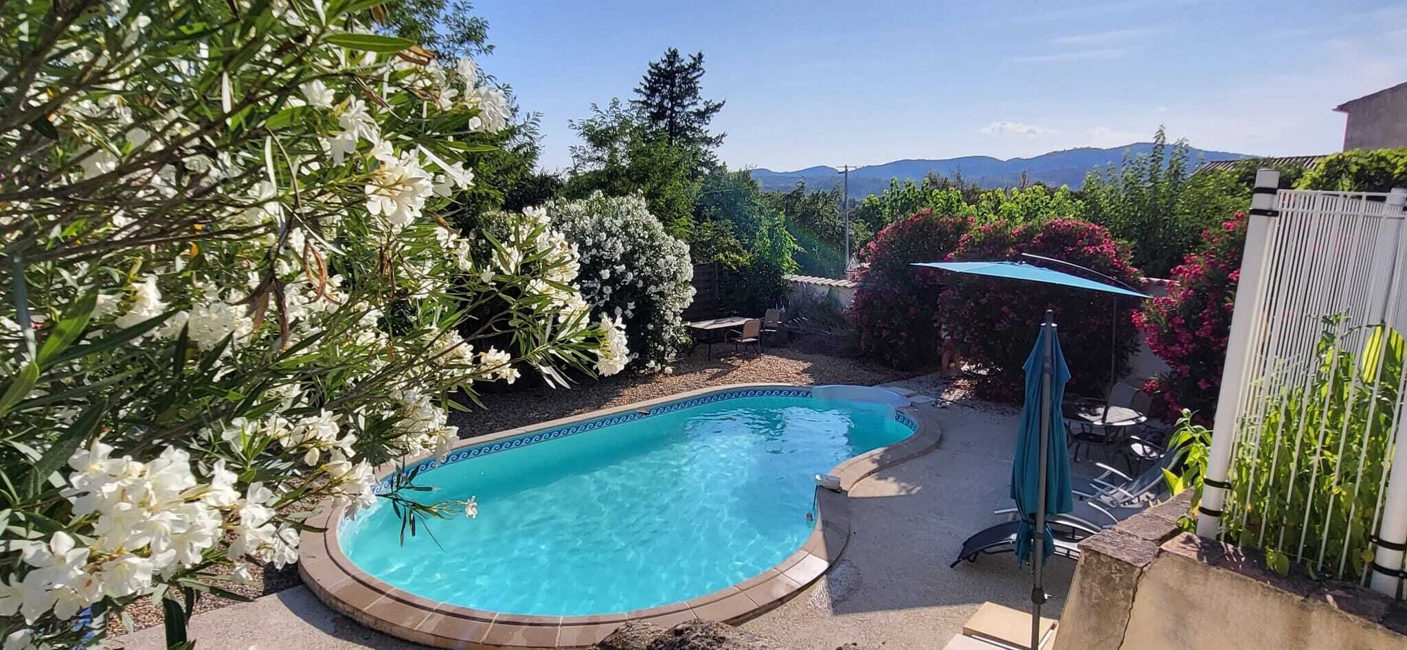 A swimming pool surrounded by lush greenery and a view of distant mountains.