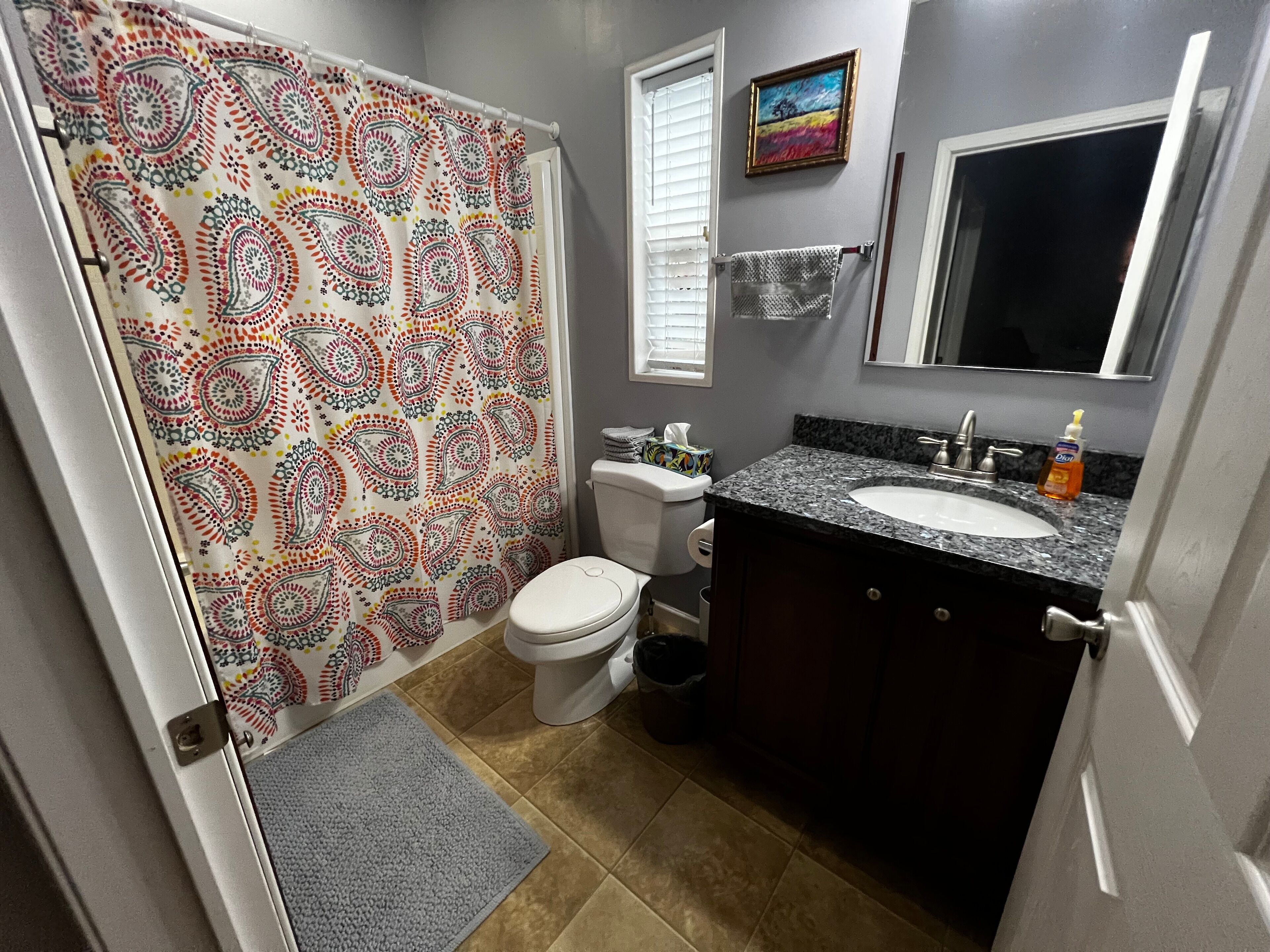 Shower, towels, soap, shampoo