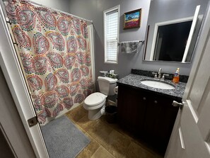 Shower, towels, soap, shampoo