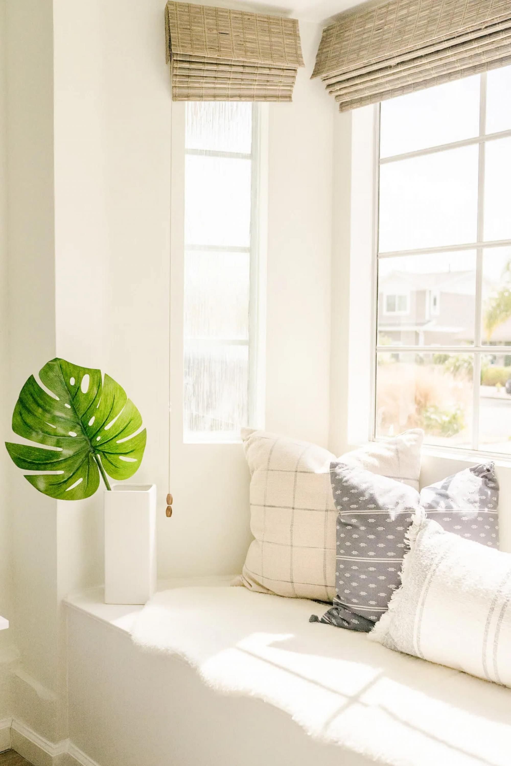 Um quarto claro com um sofá branco, uma planta verde grande e duas janelas com persianas.
