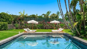 A swimming pool with lounge chairs and umbrellas, surrounded by tropical plants and a stone wall. - Luxury villa with pool and direct access to the sea, Pozzillo (Pozzillo)