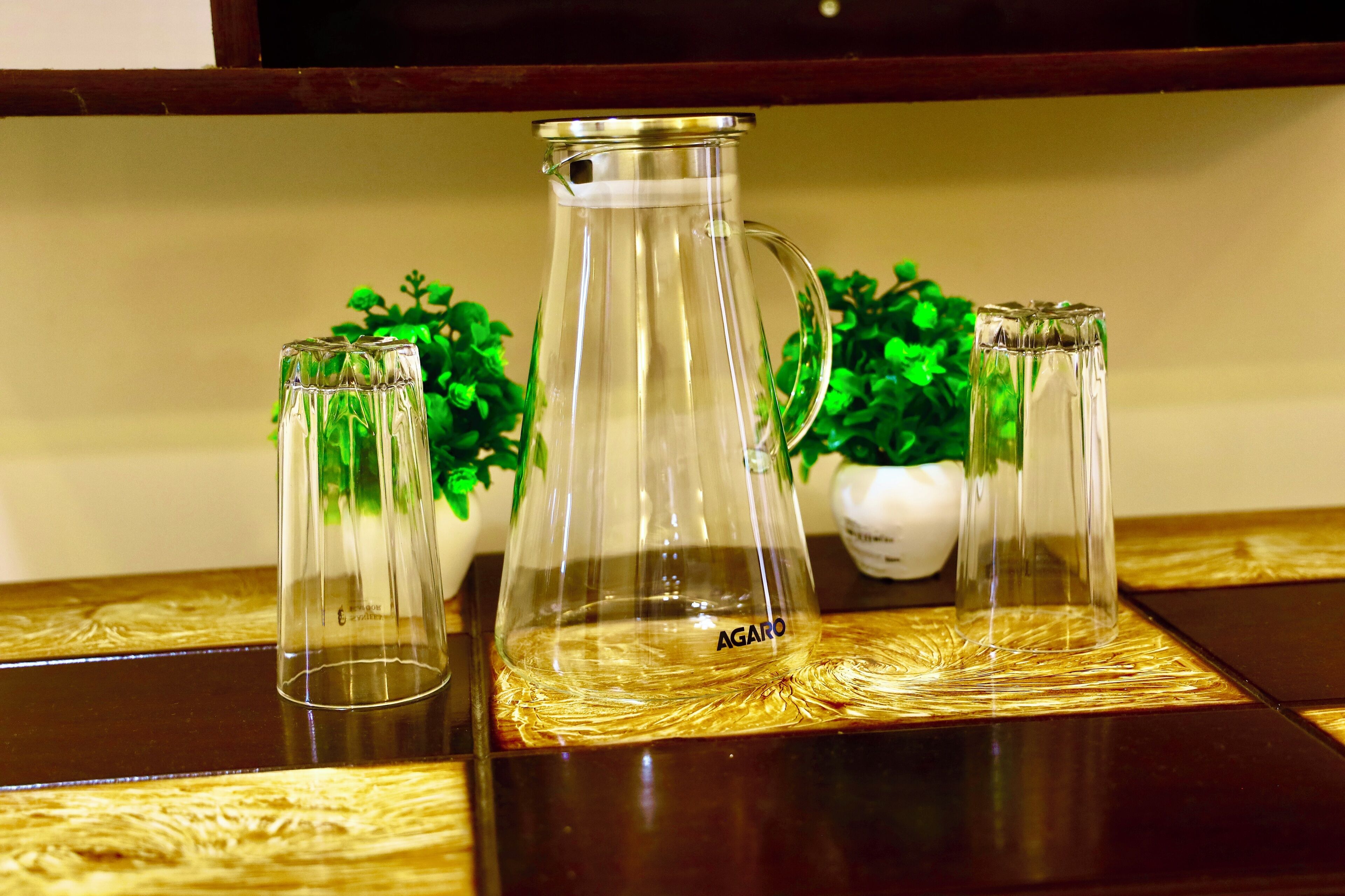 Una jarra de vidrio transparente y dos vasos de vidrio sobre una superficie reflectante, con una planta verde al fondo.