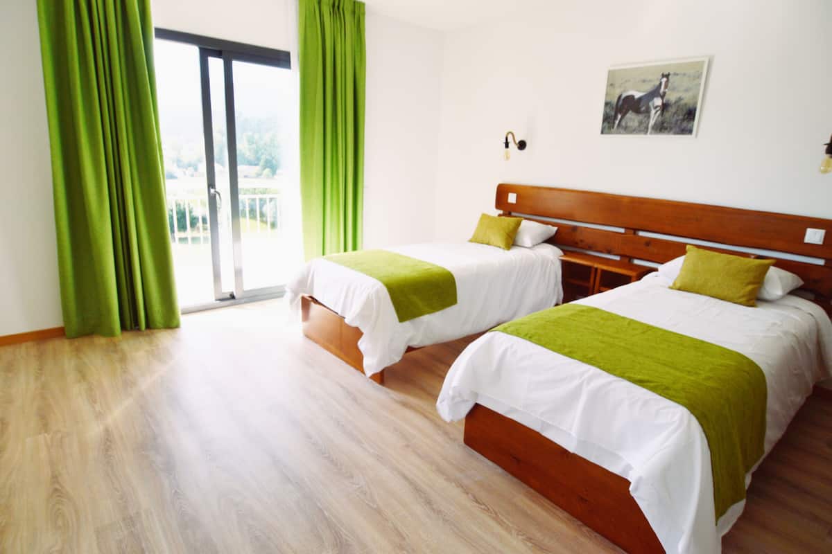 Une chambre d’hôtel avec deux lits, une tête de lit en bois, des rideaux verts, un tableau au mur et une vue à travers la porte vitrée.