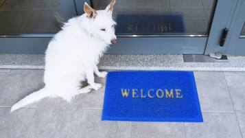 A white dog sitting on a tiled floor next to a blue welcome mat with the word "WELCOME" in gold letters.