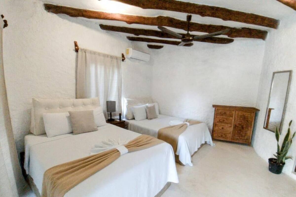 Une chambre avec deux lits, un ventilateur de plafond, une armoire en bois et une plante en pot.