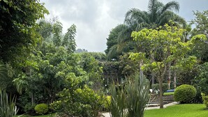 A well-maintained garden with a gravel path, various shrubs, and a small water feature. - Finca Catalina Hotel Boutique  (Tepoztlán)