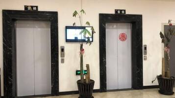Tres ascensores con pantallas digitales, una planta en maceta y un sello rojo en una puerta.