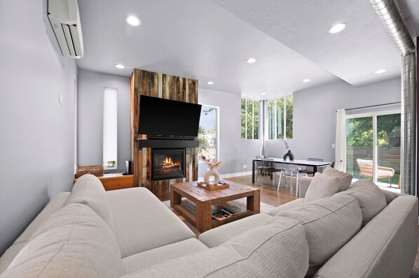 Smart TV, fireplace, video games, music library