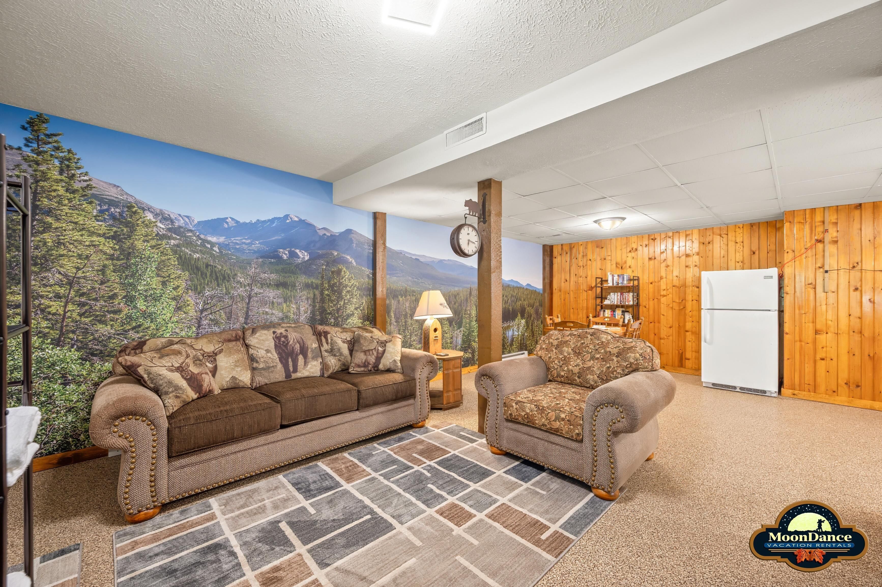 Smart TV, fireplace, foosball, books