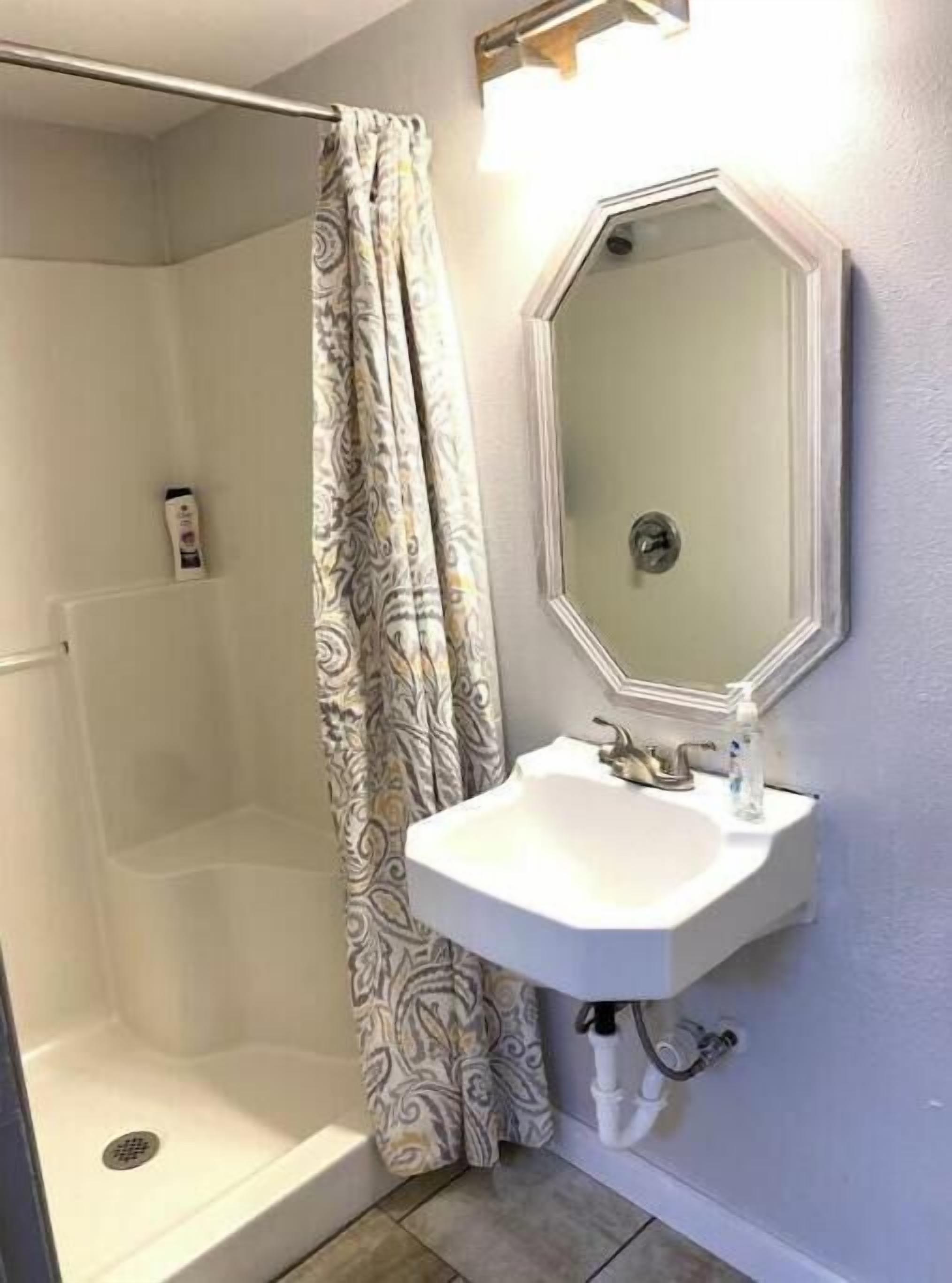 A bathroom with a shower, a sink, and a mirror.