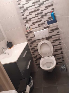 Un baño con inodoro, lavamanos y armario de almacenamiento.