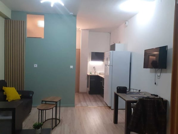 A compact living space with a kitchenette, a dining area, and a seating area with a sofa and a small table.