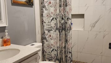 Hair dryer, towels, soap, toilet paper