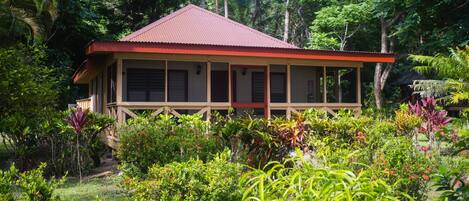 A house with a red roof, surrounded by lush greenery and various plants.