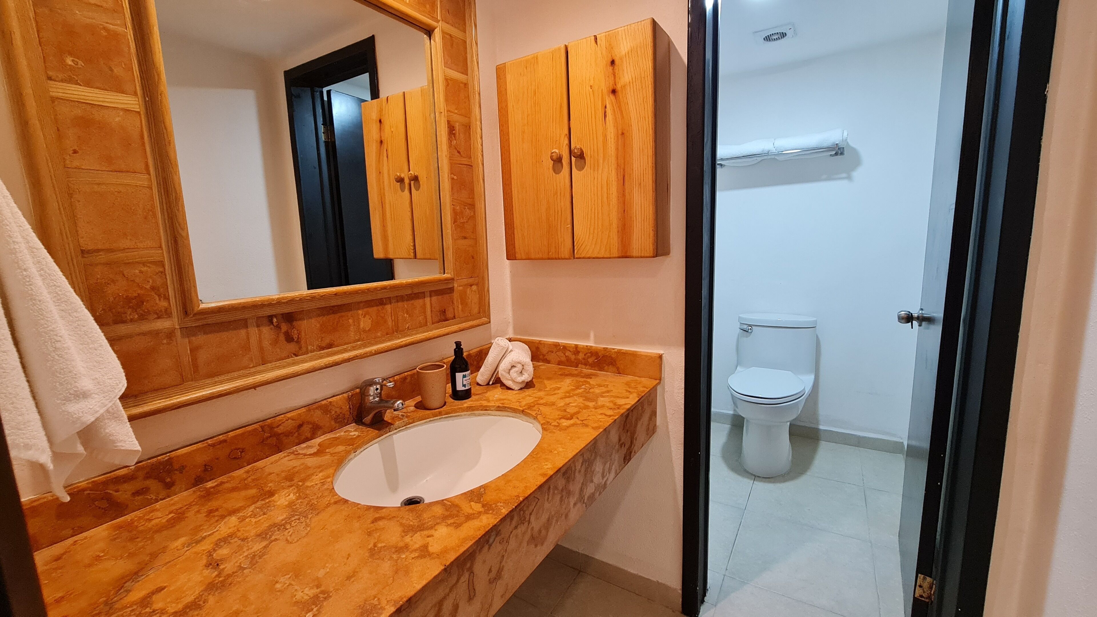 Une salle de bain avec un lavabo en marbre, des meubles en bois, des toilettes et un miroir.