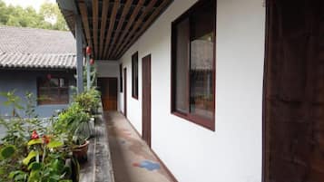 Corredor com teto azulejado, plantas em vasos e porta de madeira.